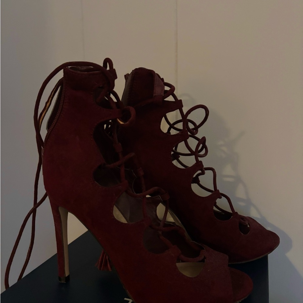 Elegant Burgundy Lace-Up Heels - Picture 2 of 5